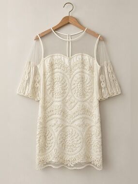 Belle by Badgeley Mischka | Ivory White Lace Embroidered Mini Dress Sheer Sleeve